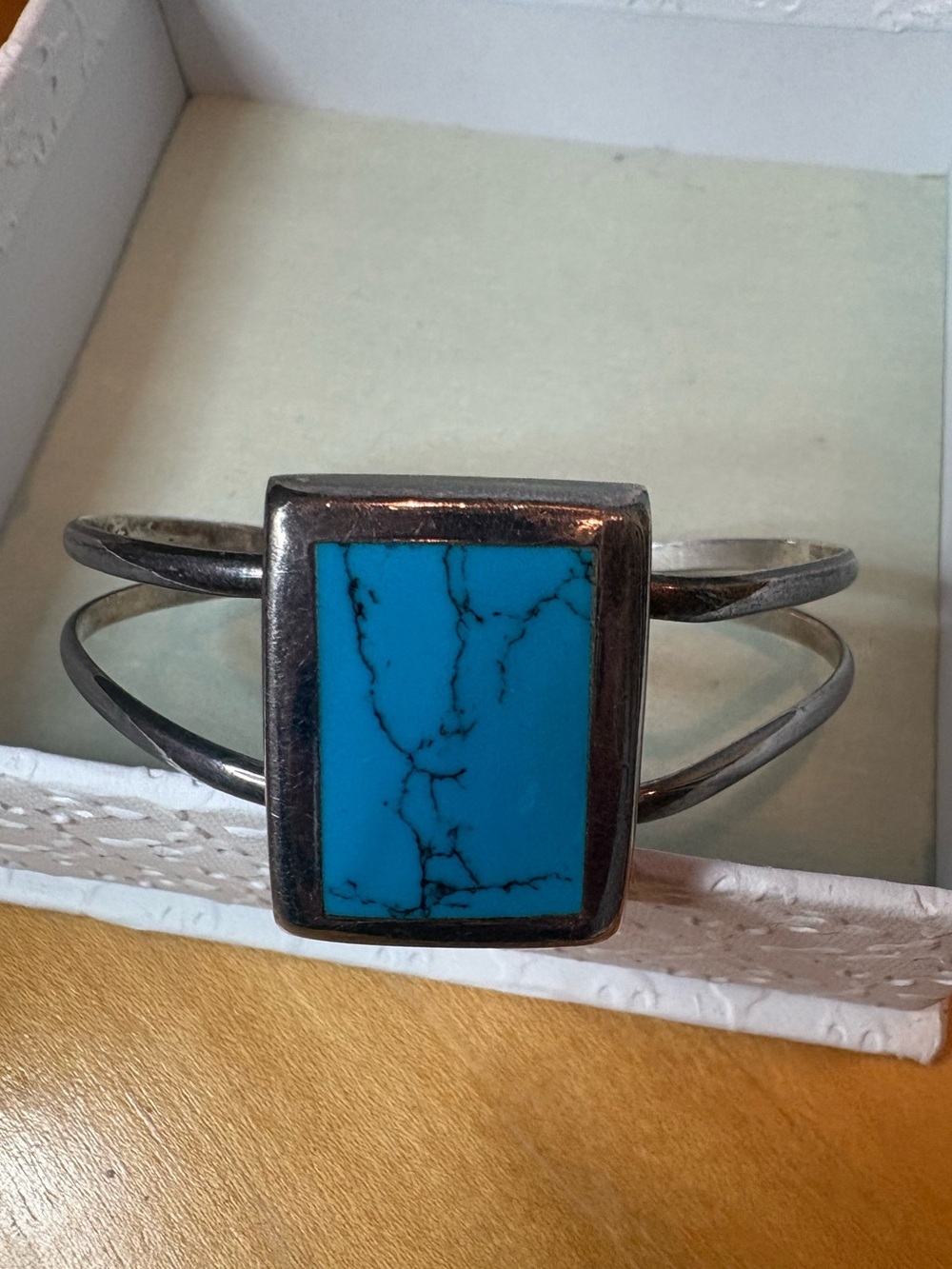 Turquoise Blue Silver Tone Double Wire Cuff Bracelet Southwestern Boho